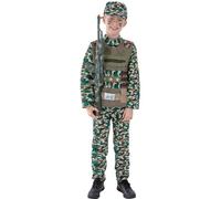 Smiffys Costume garçon d’uniforme militaire de camouflage, vert, casquette avec haut et pantalon, Taille M / 7-9 Ans Halloween