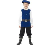 Smiffys Costume garçon époque Tudor, bleu royal, haut, pantalon avec sur-chausse, ceinture et chapeau Halloween, Carnaval