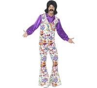 Smiffys Costume hippie cool années 60, multicolore, avec gilet, chemise et pantalon à pattes,Multicolore,XL