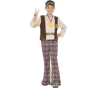 Smiffys Costume hippy pour garçon, multicolore, avec haut, gilet attaché, pantalon, médaillon et bandeau Halloween