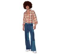 Smiffys Costume rétro des années 70, bleu avec chemise et pantalon en denim patchwork, déguisement disco des années 70, costumes de déguisement des années 70