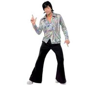 Smiffys Costume rétro des années 70, noir, avec motif psychédélique, chemise et pantalon évasé Halloween, Carnaval