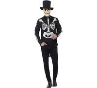 Smiffys Costume señor Squelette Jour des morts, Noir, avec veste, fausse chemise, cravate, chapeau et masque en latex