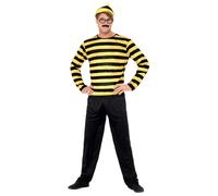 Smiffys Costume Where's Wally Odlaw, Noir et jaune, avec haut, pantalon, chapeau, moustache et lunettes Halloween, Carnaval