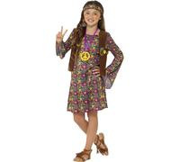 Smiffys Déguisement de fille hippie, Multicolore, Robe avec un gilet, un bandeau et un médaillon Halloween, Carnaval