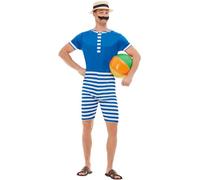 Smiffys Déguisement de maillot de bain des années 20, Bleu et blanc, avec combinaison courte, chapeau et moustache Halloween