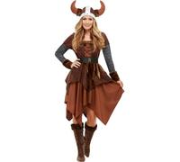 Smiffys Déguisement de reine barbare viking Deluxe, Marron, avec robe et casque Halloween