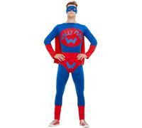 Smiffys Déguisement de Wallyman, bleu et rouge, avec une combinaison, une cape attaché, caleçon et un masque oculaire Halloween