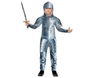 Smiffys Deluxe Armoured Knight Costume, Grey with Jumpsuit & Headpiece, Digital Print, Boys Fancy Dress, Child Dress Up Costumes
