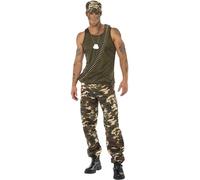 Smiffys Deluxe Costume Camouflage Kaki pour Homme comprend la Veste avec Pantalons et Chapeau Halloween, Carnaval