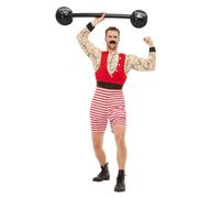 Smiffy's Costume Hercule de foire – Rouge et blanc, combinaison courte et moustache – Halloween