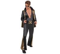 Smiffys Elvis Combinaison noire pour adultes, tenue tout-en-un sous licence officielle avec cape et détails dorés, déguisement pour icônes de musique, fêtes Rock and Roll des années 70, Halloween