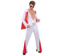 Smiffys Elvis Presley Combinaison blanche pour adulte, tenue rock 'n' Roll des années 70 avec cape, déguisement Roi of Rock Elvis pour homme, combinaison de scène d'icône de la musique des années 70
