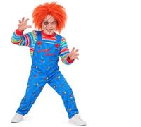 Smiffys Ensemble salopette et perruque orange Chucky pour enfant de 4 à 14 | Costume officiel Chucky avec salopette bleue Good Guys, haut rayé multicolore et perruque orange frisée audacieuse.