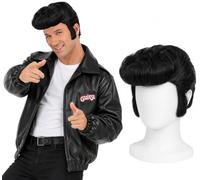 Smiffys Ensemble veste et perruque noire pour homme T-Bird Taille M-XL | Ensemble de graisse officiel avec veste T-Bird en cuir noir et perruque noire classique pour un look emblématique des années