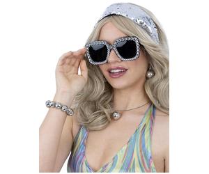 Smiffys Kit de bijoux boule disco années 70 : bandeau, collier, boucles d'oreilles, bracelet et lunettes, déguisement disco années 70, bijoux de déguisement disco années 70