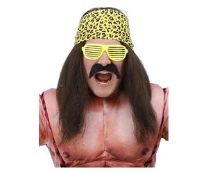 Smiffys Kit d'étoiles de lutte des années 90 pour adultes comprenant une longue perruque marron à imprimé léopard, un bandana autocollant, une moustache et un obturateur jaune pour les fêtes costumées
