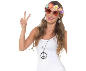 Smiffys Kit du festival hippie, Multicolore, Bandeau à fleurs, verres, médaillons et boucles d'oreilles Halloween