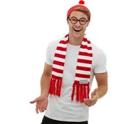Smiffys Kit Où est Charlie, Rouge et blanc, avec chapeau, écharpe tricotées et lunettes Halloween, Carnaval