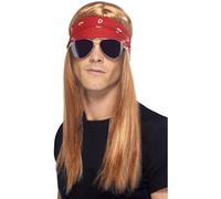 Smiffys Kit rocker des années 90, avec perruque brune, bandana et lunettes de soleil, avec perruque auburn avec bandana et lunettes de soleil