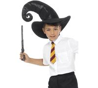Smiffy's - Kit sorcier enfant noir avec cravate, chapeau et baguette, 34 cm (Halloween)