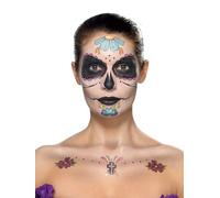 Smiffys Kit tatouage visage Jour des morts, Aqua, Multicolore, Peinture pour visage, autocollant pierre précieuse, crayon et applicateurs Halloween