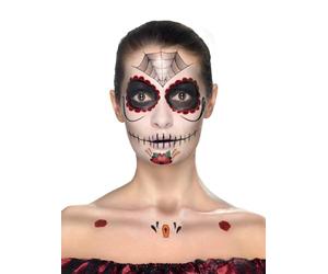 Smiffys Kit tatouage visage Jour des morts, Aqua, Rouge et noir, Peinture pour visage, crayon et applicateurs Halloween