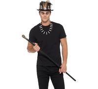 Smiffys Kit vaudou, avec chapeau haut de forme à plumes, Noir, Canne avec crâne et collier d'os Halloween, Carnaval