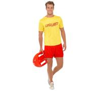 Smiffys Costume de plage de sauveteur pour homme, t-shirt jaune avec logo rouge et short rouge assorti, déguisement d'été amusant pour fêtes sur la plage, festivals, thèmes de groupe et nuits de