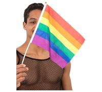Smiffys Lot de 12 drapeaux à main arc-en-ciel - 45 x 20 cm - Accessoires LGBTQ pour événements, fêtes, festivals et célébrations - Drapeaux légers en polyester sur bâton en plastique blanc