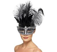 Smiffy's – Masque Colombine vénitien – Gris avec plumes noires – Halloween
