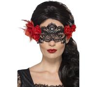 Smiffy's – Masque pour les yeux filigrane dentelle Jour des morts – Noir avec roses et plume
