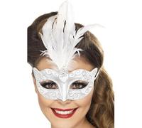 Smiffys Masque vénitien à paillettes, argent, avec plumes