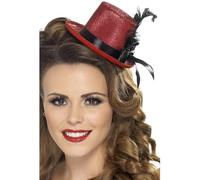 Smiffy's Mini haut de forme rouge avec ruban noir et plume – Halloween