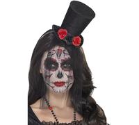 Smiffys Mini haut-de-forme Jour des morts, Noir, sur bandeau, avec roses et voile en dentelle amovible
