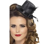 Smiffy's Mini haut de forme – noir avec ruban et plume – Halloween/Carnaval