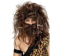 Smiffys Panoplie de l'homme des cavernes fou, marron, comprend perruque, barbe, bandeau, os & nattes Halloween