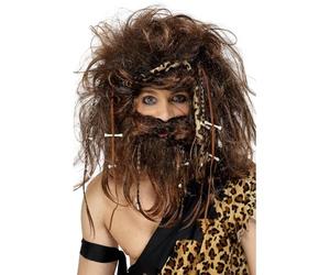 Smiffys Panoplie de l'homme des cavernes fou, marron, comprend perruque, barbe, bandeau, os & nattes Halloween