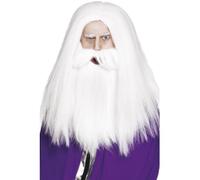 Smiffys Panoplie de magicien, blanche, avec perruque et barbe Halloween, Carnaval