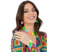 Smiffys Parure de bijoux Neon Flower Power pour adultes - 3 pièces - comprenant boucles d'oreilles, collier et bracelet - Idéal pour les fêtes à thème des années 60 et 70, les festivals et les