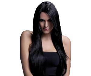Smiffys Perruque Amber collection Fever, noir, coupe longue et lisse avec frange effilée, 71cm / 28in Halloween