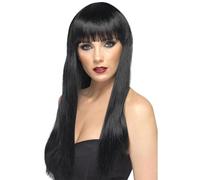 Smiffys Perruque beauté, noire, cheveux longs, lisses avec frange Halloween, Carnaval