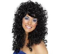 Smiffys Perruque bimbo boogie, noire, cheveux longs, bouclés Halloween
