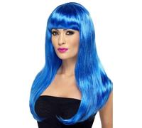 Smiffys Perruque bimbo délicieuse, bleue, cheveux longs, lisses avec frange