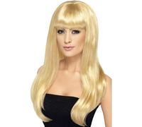 Smiffys Perruque bimbo délicieuse, blonde, cheveux longs, lisses avec frange Halloween, Carnaval