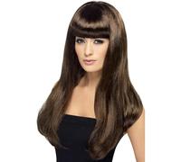 Smiffys Perruque bimbo délicieuse, brune, cheveux longs, lisses avec frange Halloween, Carnaval