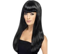 Smiffys Perruque bimbo délicieuse, noire, cheveux longs, lisses avec frange
