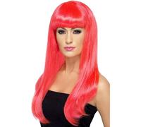 Smiffys Perruque bimbo délicieuse, rose fluo, cheveux longs, lisses avec frange