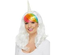 Smiffys Perruque de licorne pour femme, Blanc, Frange arc-en-ciel Halloween, Carnaval