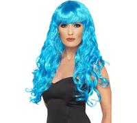 Smiffys Perruque de sirène, bleue, cheveux longs, bouclés avec frange Halloween